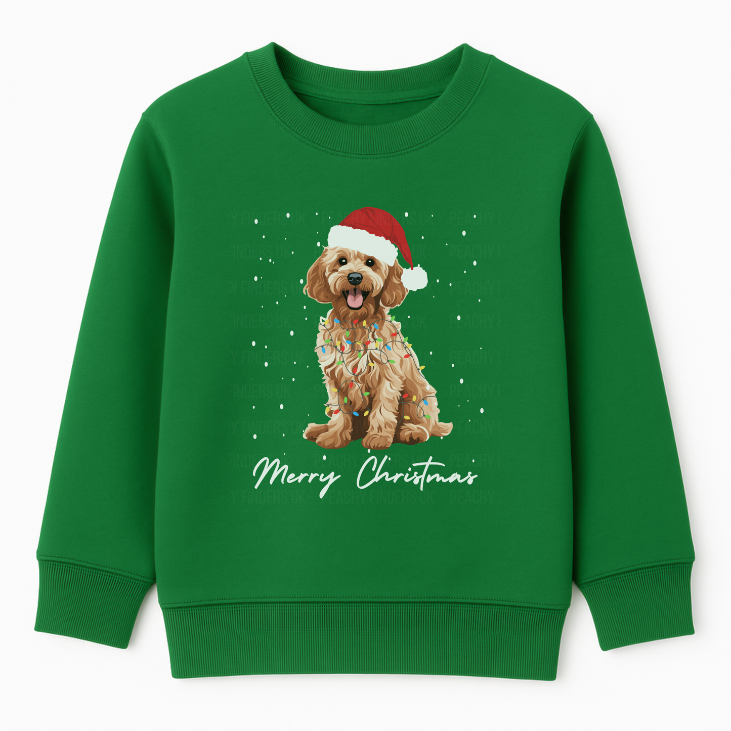 Kids kelly green sweatshirt with a Christmas-themed design of a dog wearing a Santa hat and lights, and 'Merry Christmas' text.