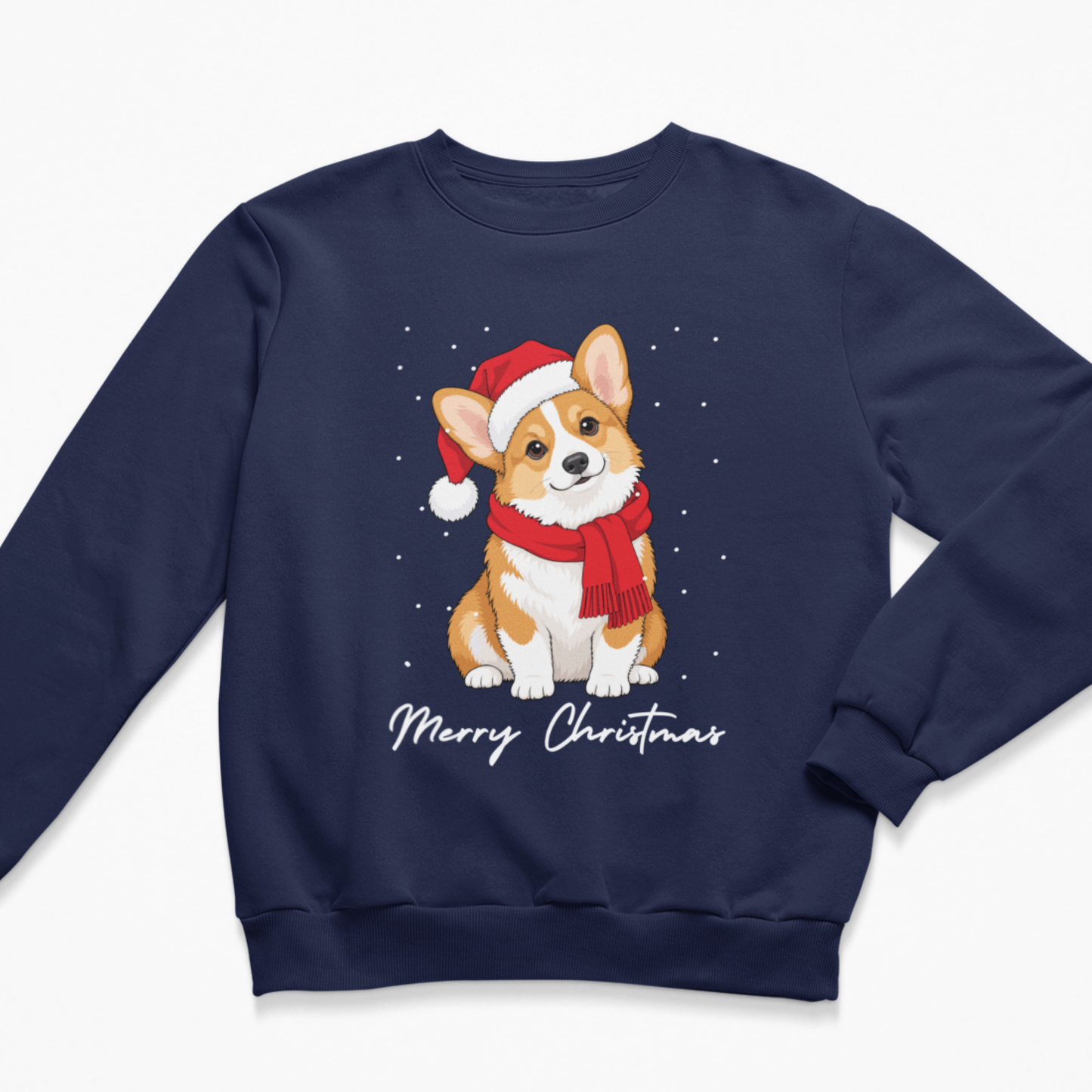 Navy blue kids' Christmas sweater featuring a cute Corgi in holiday attire against a