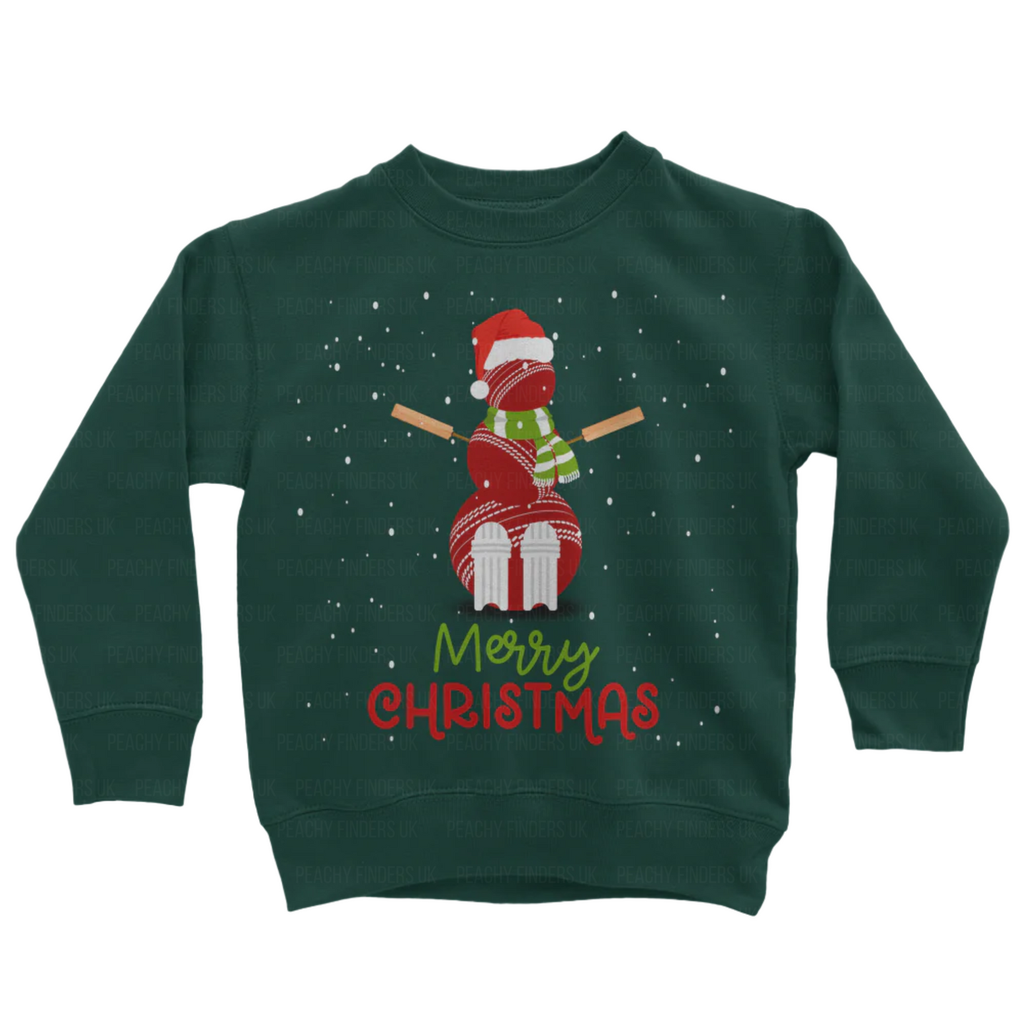 Kids dark green sweatshirt with a Christmas-themed cricket ball snowman and 'Merry Christmas' text on a white background.