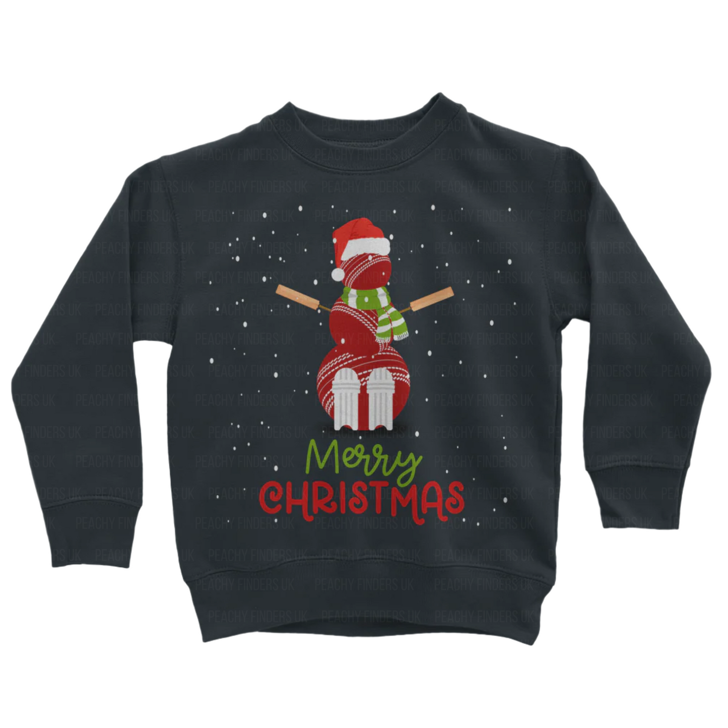 Kids navy sweatshirt with a Christmas-themed cricket ball snowman and 'Merry Christmas' text on a white background.