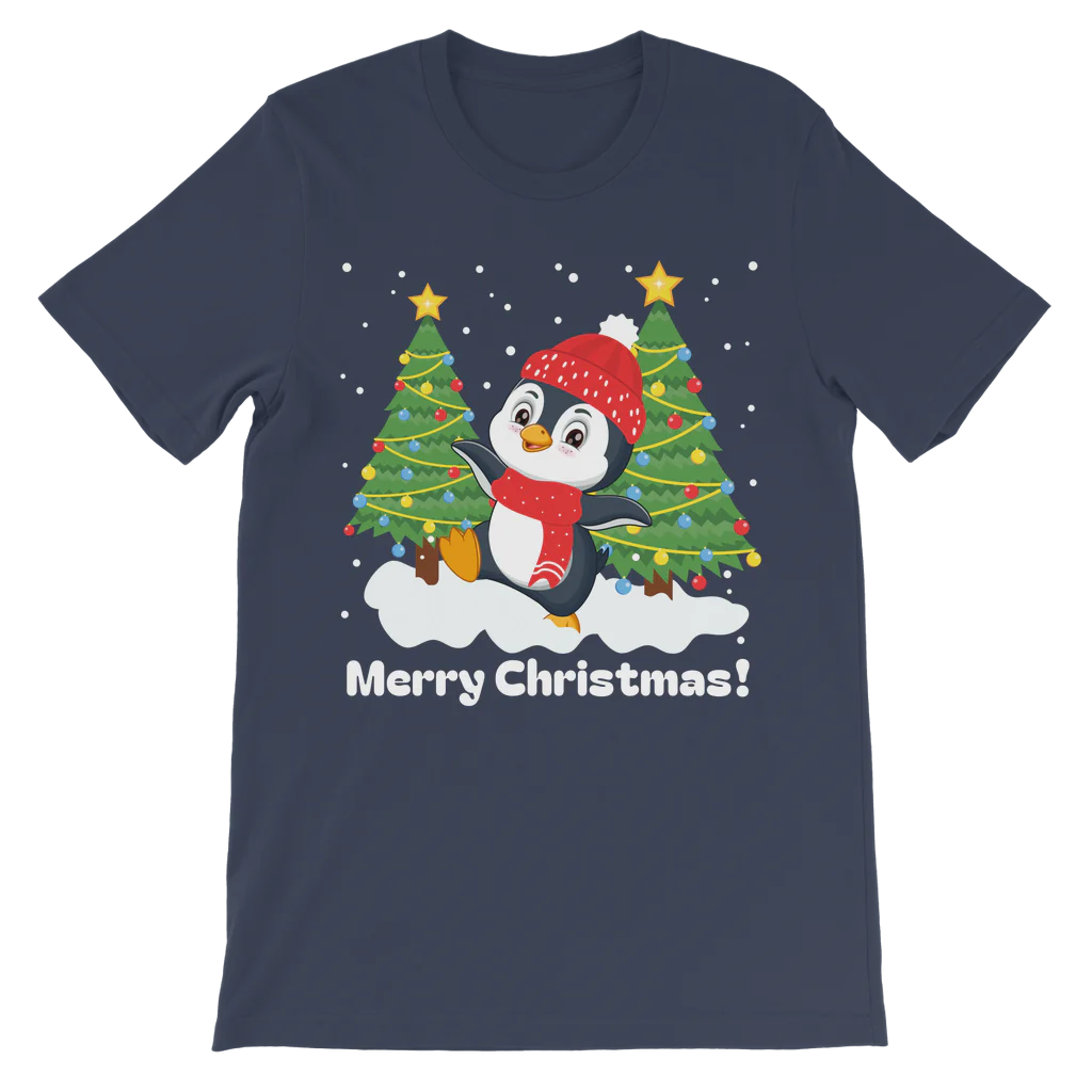 A kids navy t-shirt with a graphic print of a dancing penguin wearing a Santa hat, surrounded by Christmas trees and the text 'Merry Christmas!'.