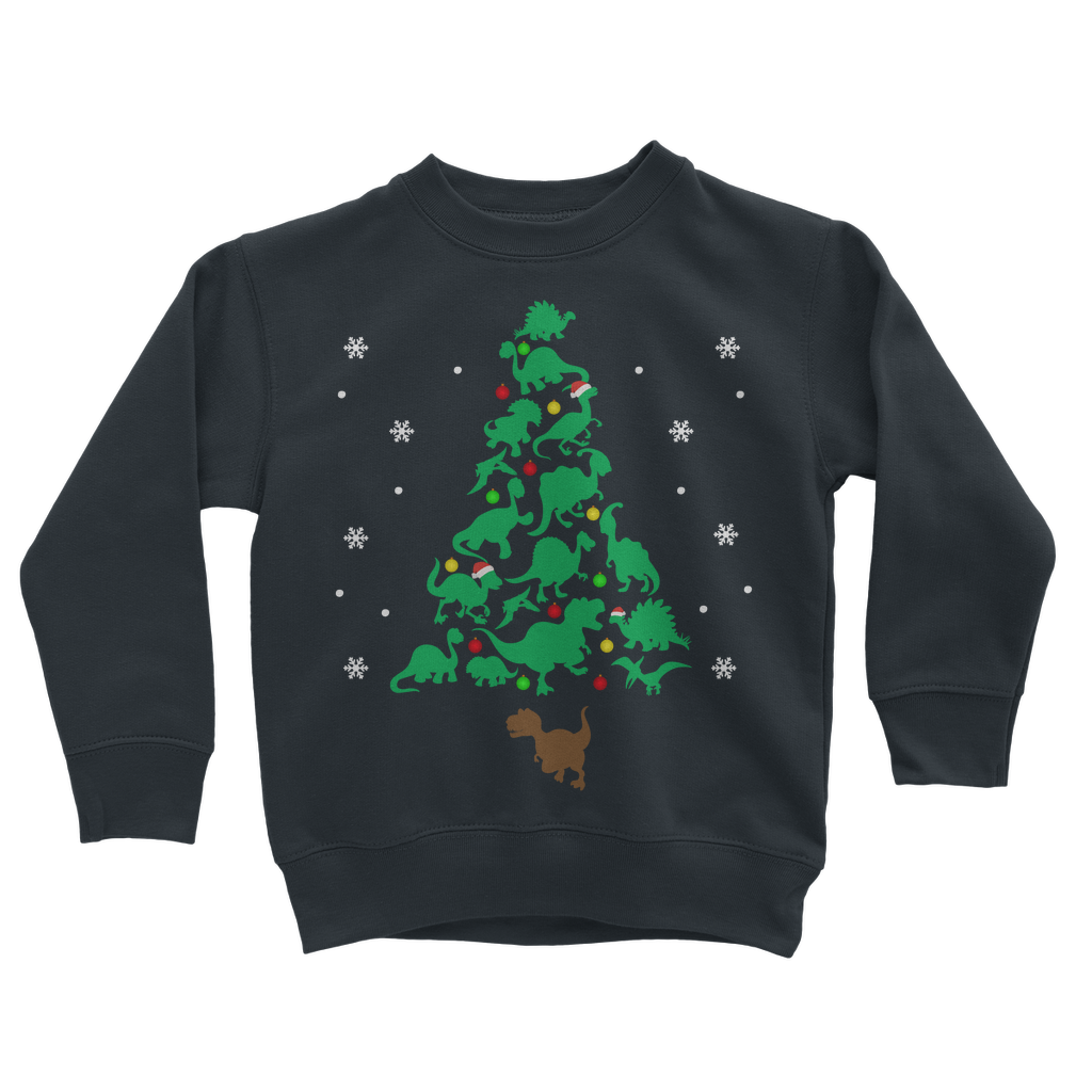 Kids Navy Christmas jumper with dinosaur-shaped tree design, decorated with ornaments and snowflakes