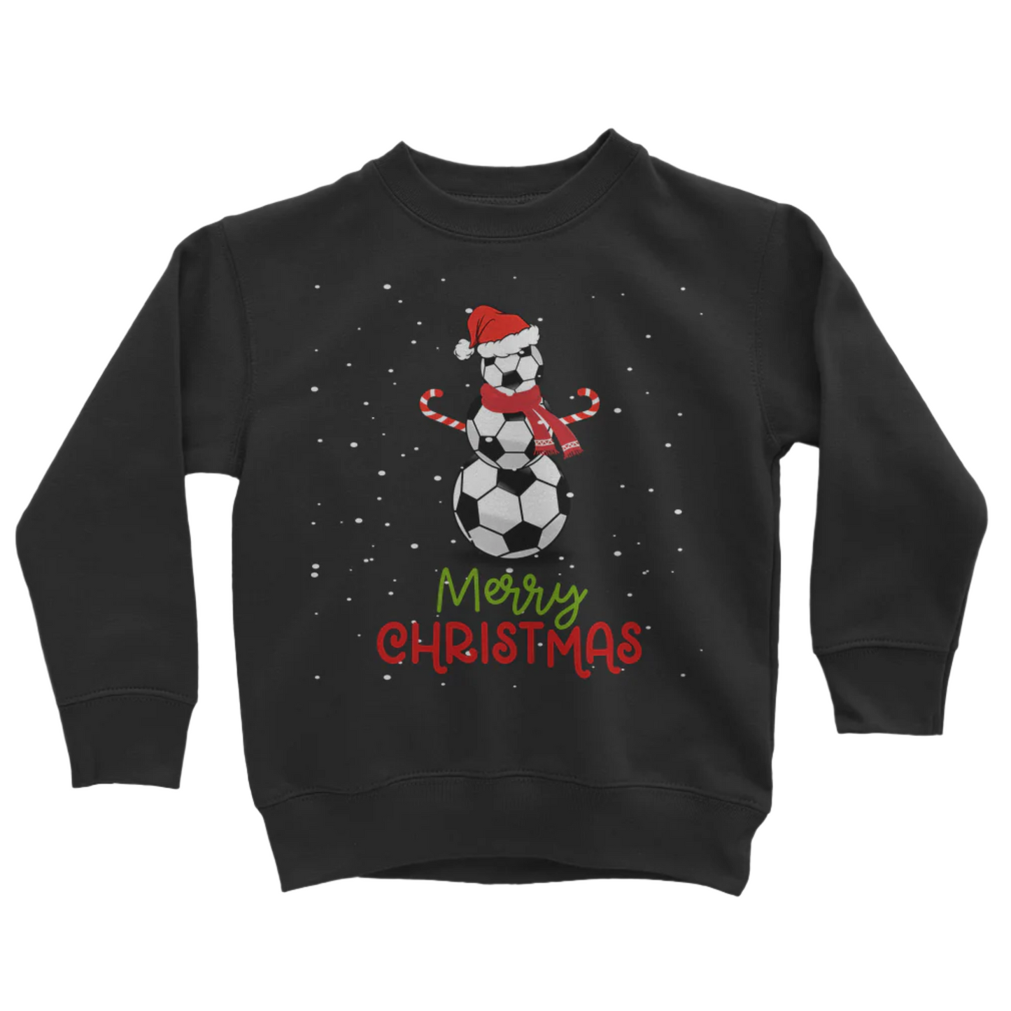 Children's black sweatshirt with Christmas design of a football snowman wearing a Santa hat and 'Merry Christmas' text on a white background