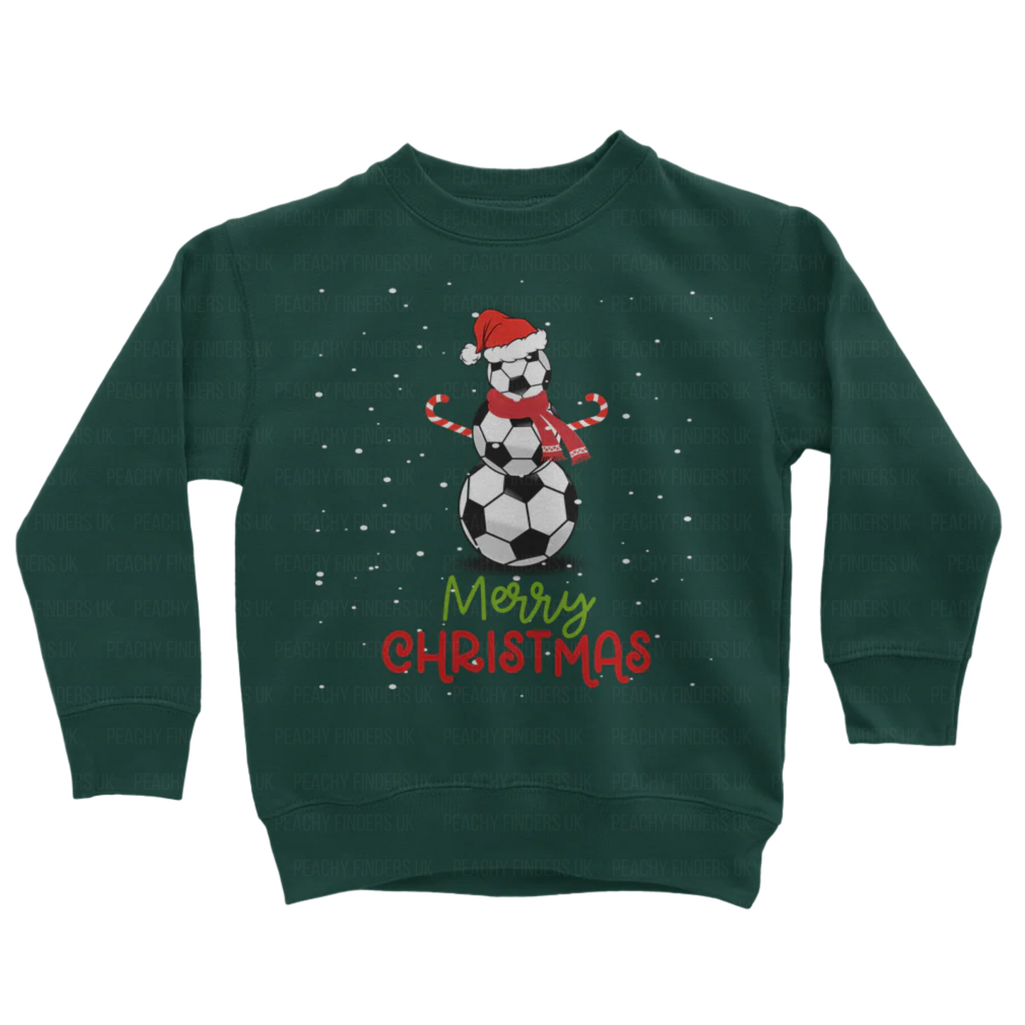 Children's dark green sweatshirt with Christmas design of a football snowman wearing a Santa hat and 'Merry Christmas' text on a white background