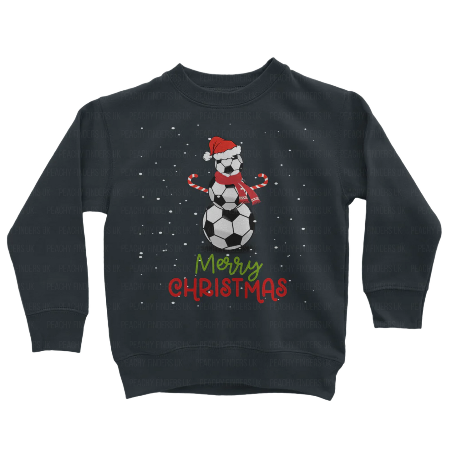 Children's navy sweatshirt with Christmas design of a football snowman wearing a Santa hat and 'Merry Christmas' text on a white background