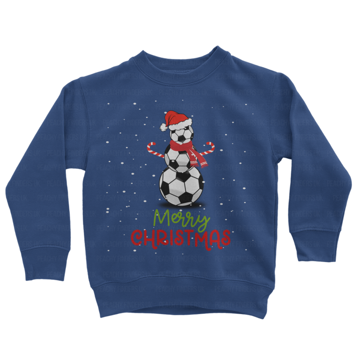 Children's royal blue sweatshirt with Christmas design of a football snowman wearing a Santa hat and 'Merry Christmas' text on a white background