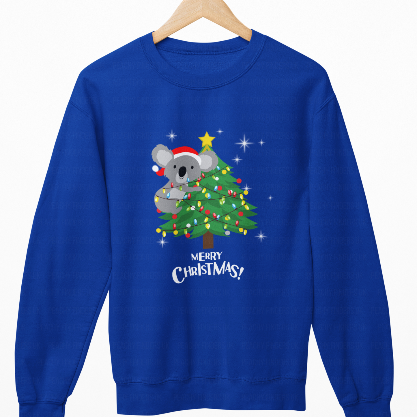 Royal Blue sweatshirt with a Christmas design of a koala and tree on a hanger