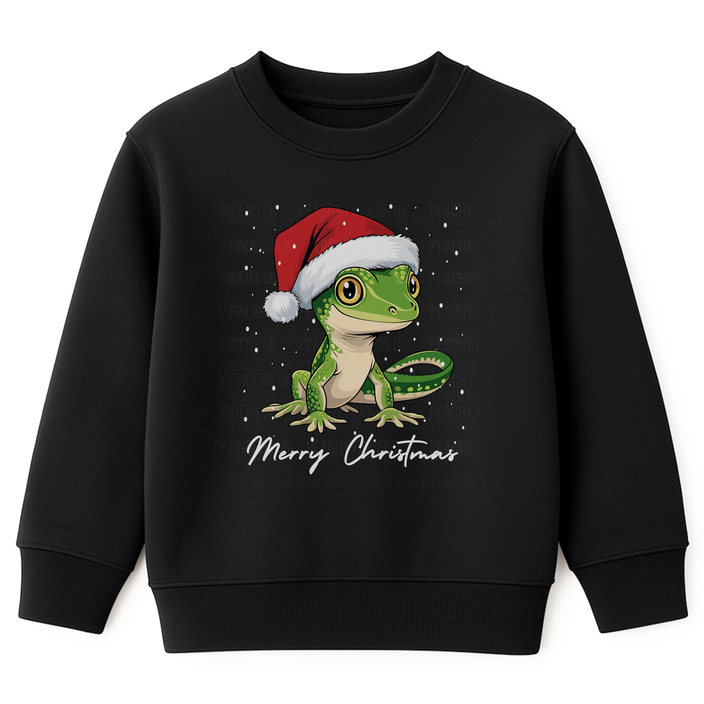 Kids black Christmas jumper featuring a cute gecko wearing a Santa hat with ‘Merry Christmas’ text and snow details