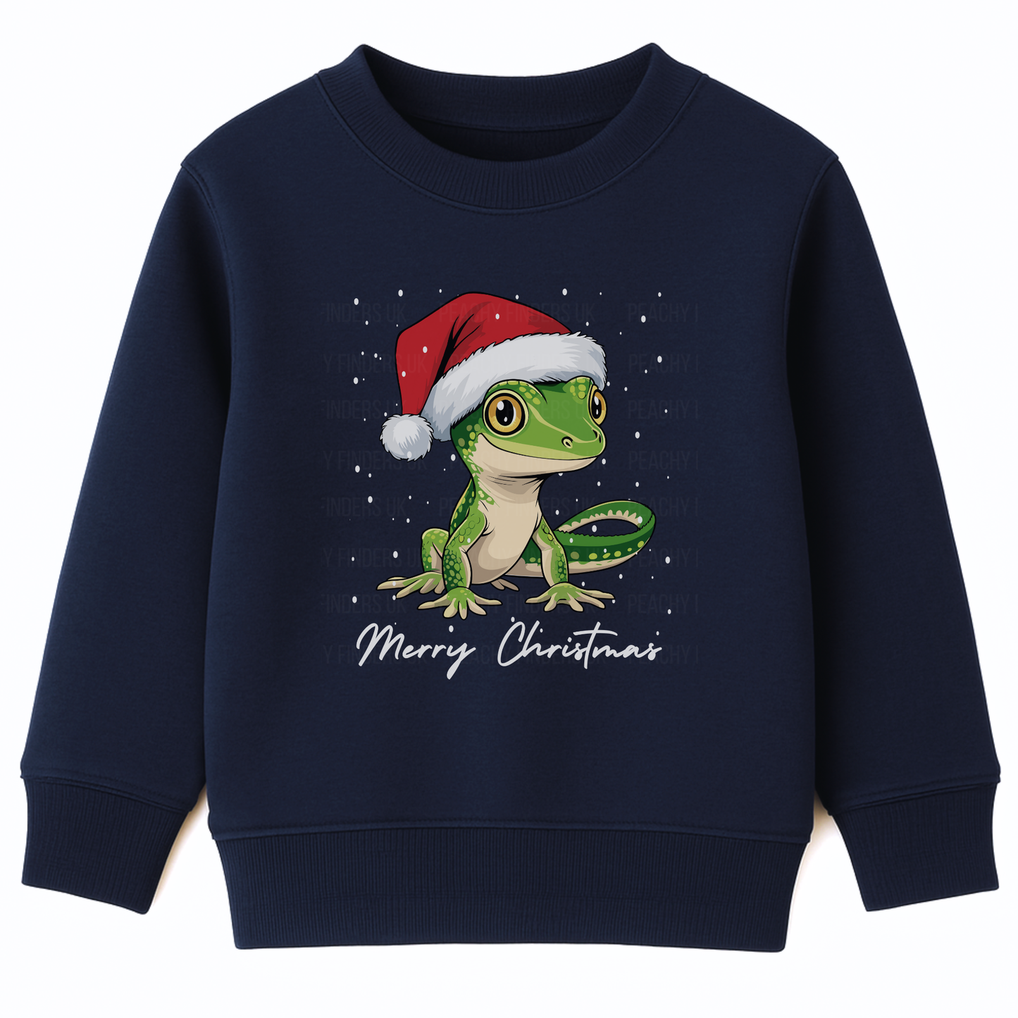 Navy kids Christmas jumper featuring a cute gecko wearing a Santa hat with ‘Merry Christmas’ text and snow details
