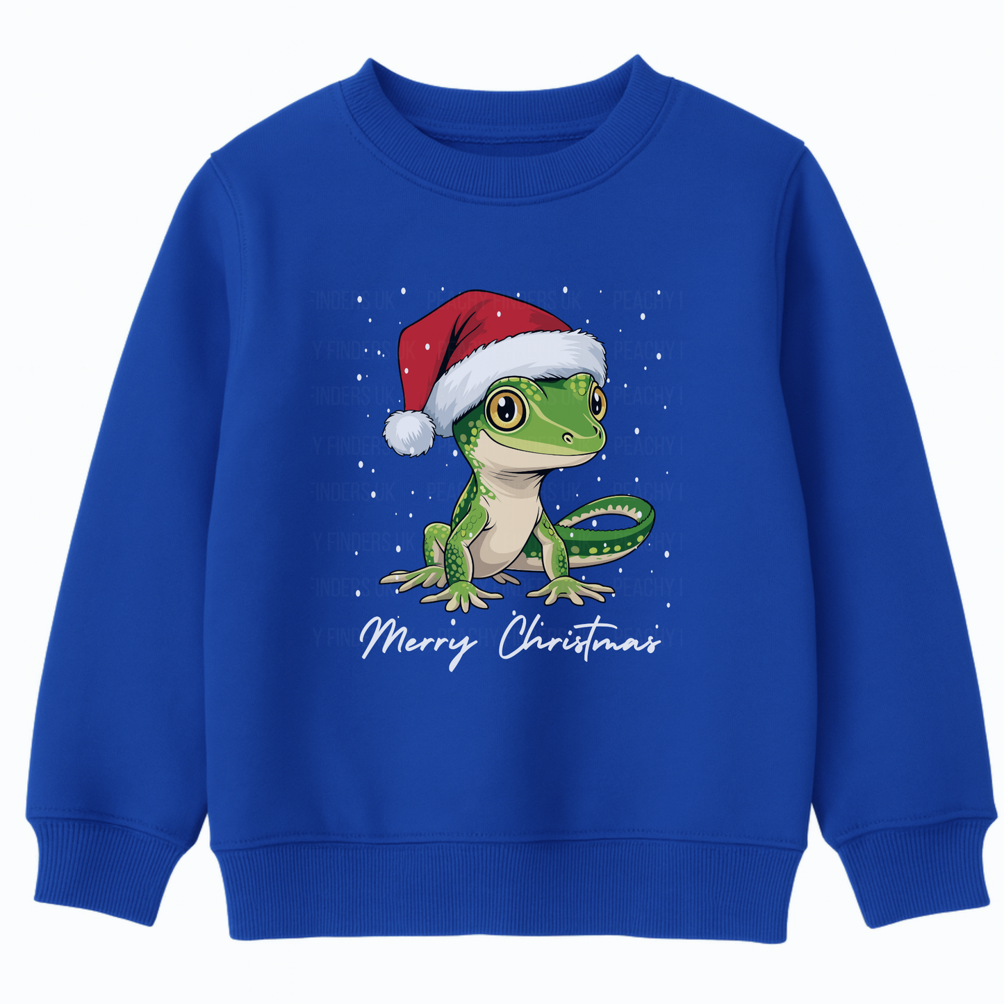 Royal blue kids Christmas jumper featuring a cute gecko wearing a Santa hat with ‘Merry Christmas’ text and snow details