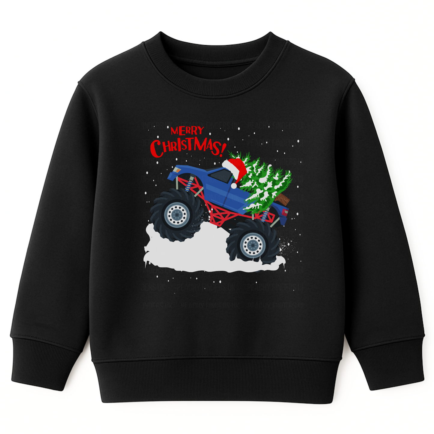 Kids black Christmas monster truck sweatshirt with snowy truck and Merry Christmas graphic