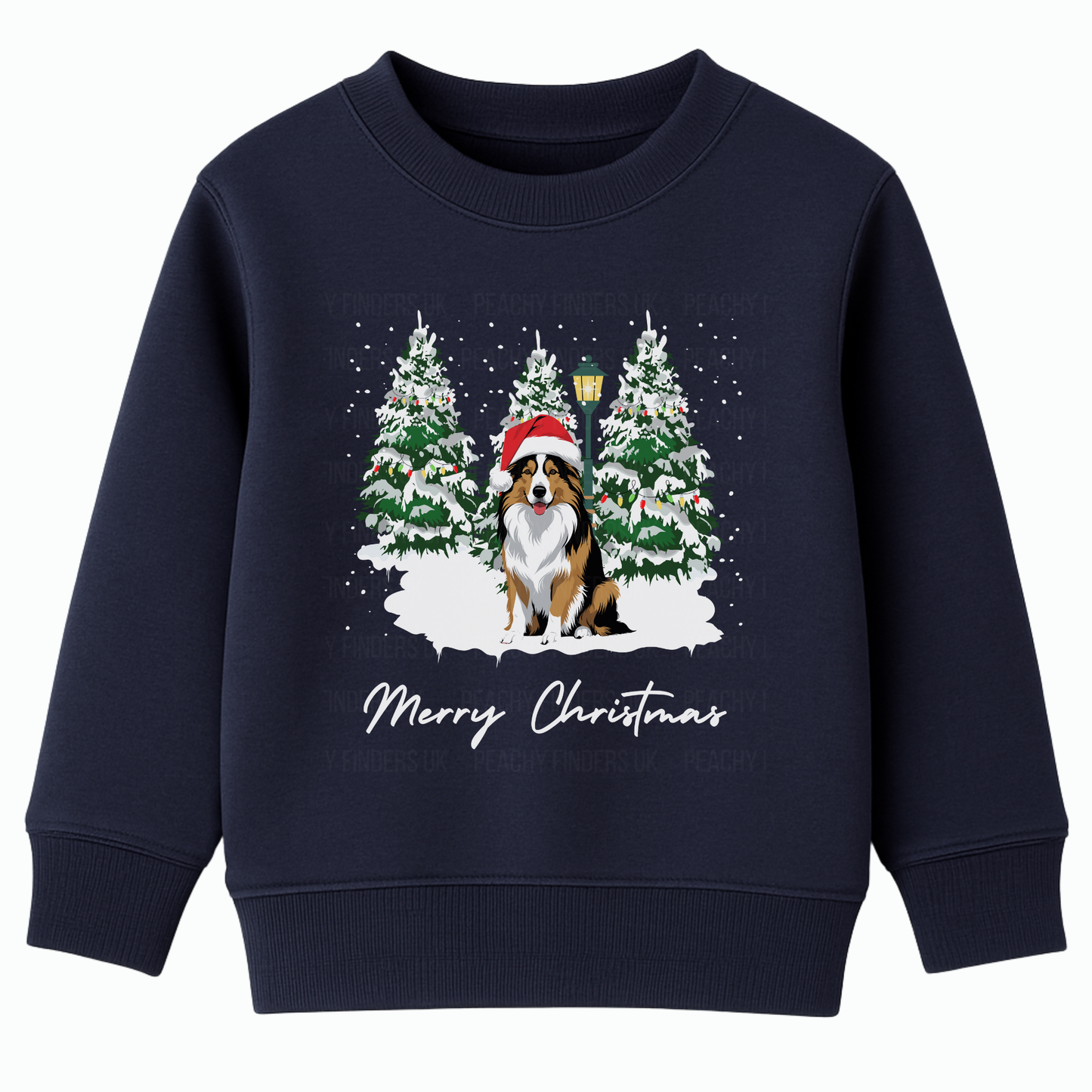 Kids navy Christmas sweatshirt showing a Rough Collie dog in a Santa hat, winter forest background and Merry Christmas text.