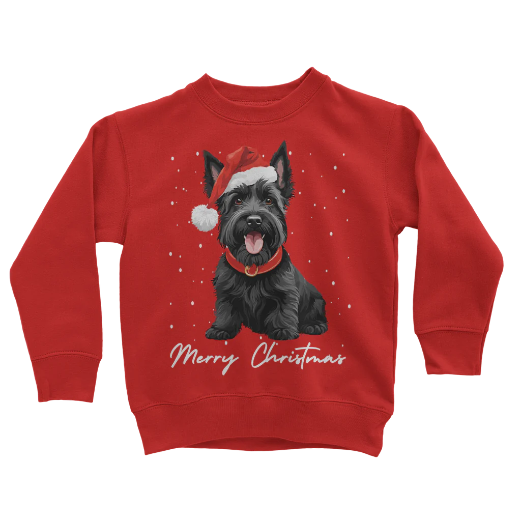 Kids red sweatshirt with a graphic of a black Scottie dog wearing a Santa hat and the text 'Merry Christmas'.
