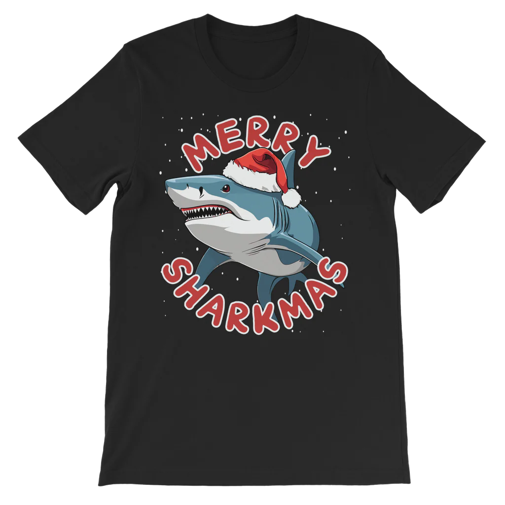 Children's black t-shirt with a shark wearing a Santa hat and 'Merry Sharkmas' text on a white background