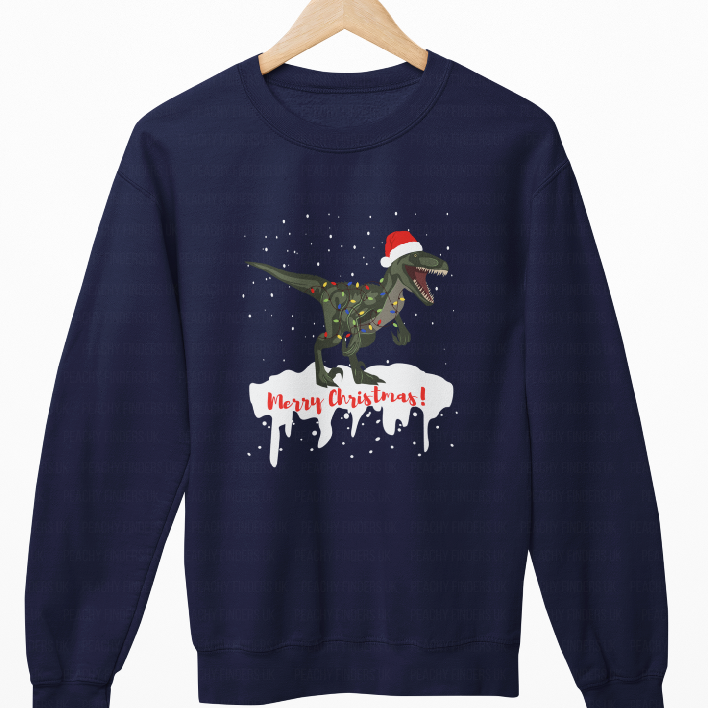 Kids navy Christmas jumper featuring a roaring T-Rex with Santa hat, fairy lights, snow, and “Merry Christmas” text