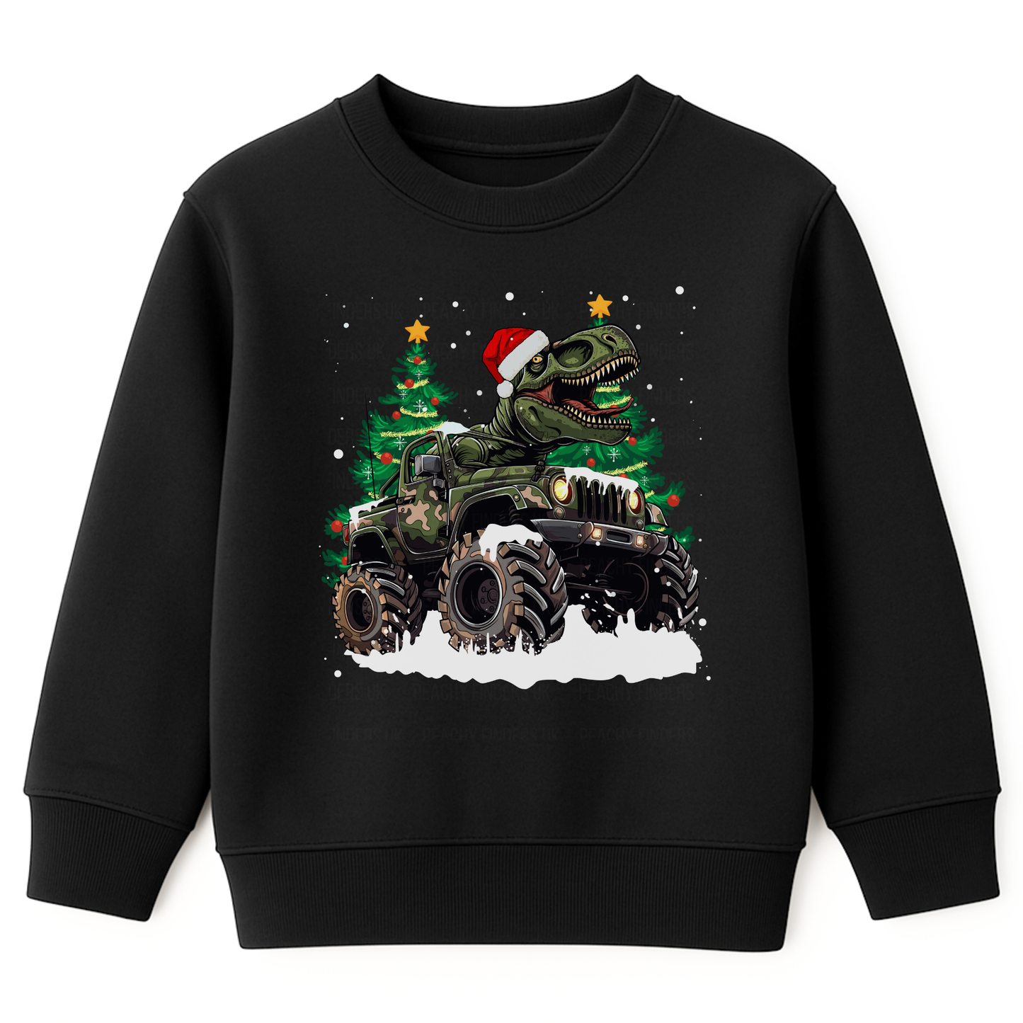 Kids black Christmas sweatshirt featuring a T-Rex wearing a Santa hat driving a camo monster truck through snow, with decorated Christmas trees in the background.