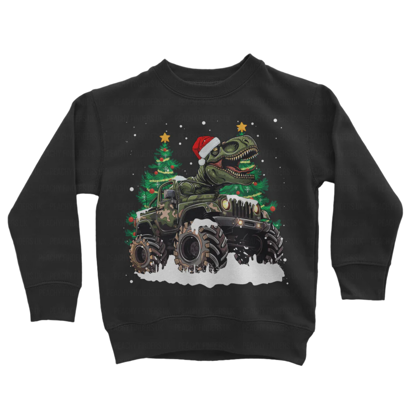 Kids black sweatshirt with a Christmas-themed design featuring a dinosaur riding a monster truck