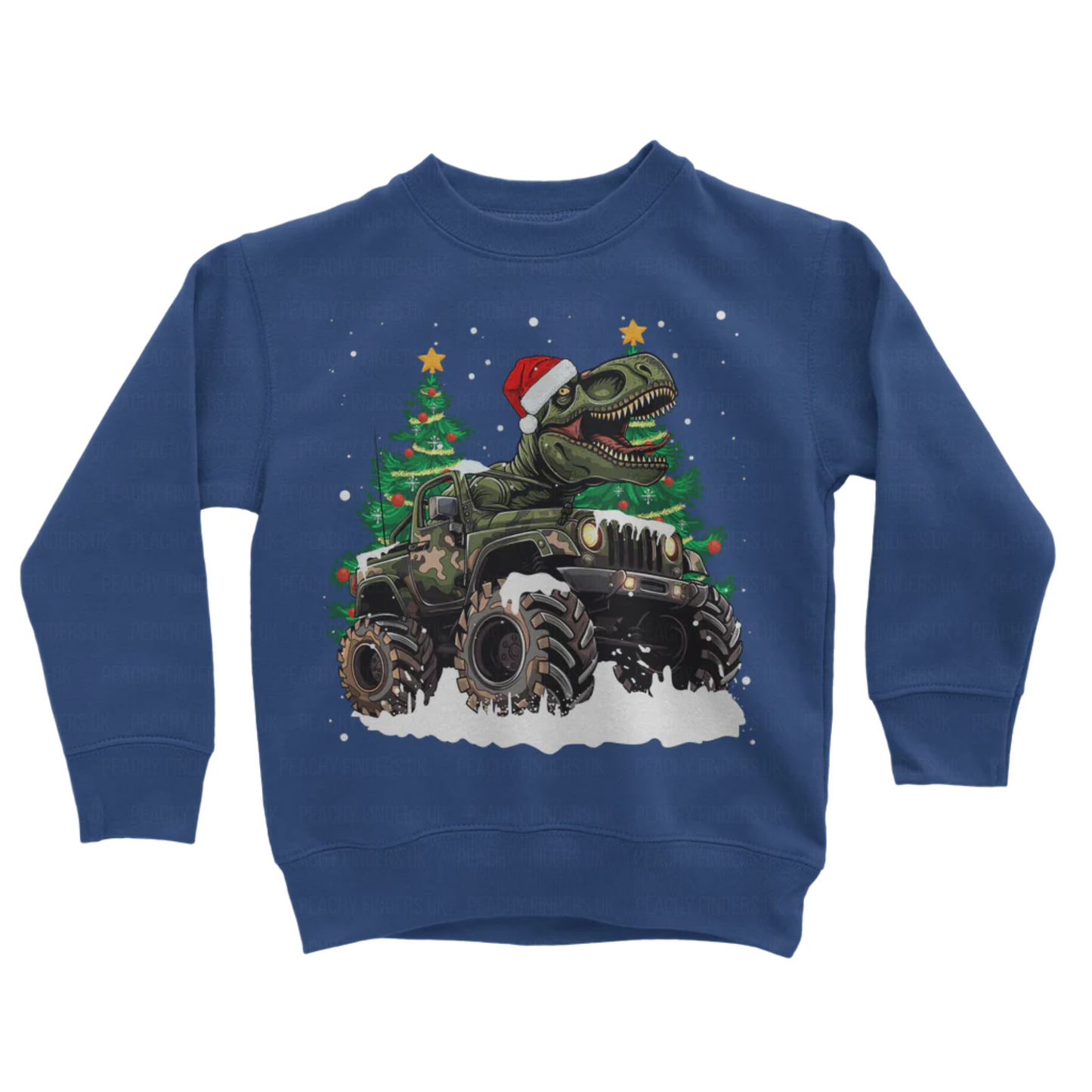 Kids royal blue sweatshirt with a Christmas-themed design featuring a dinosaur riding a monster truck