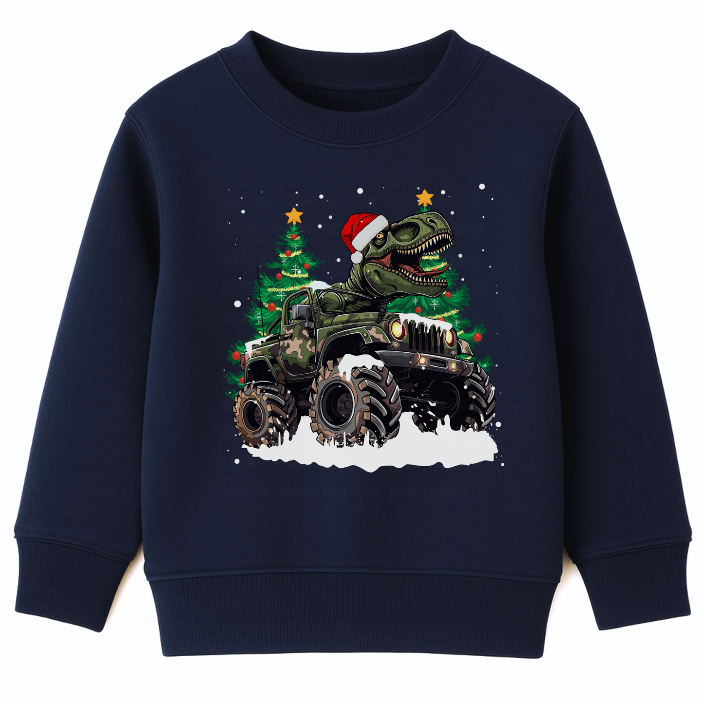Kids navy Christmas sweatshirt featuring a T-Rex wearing a Santa hat driving a camo monster truck through snow, with decorated Christmas trees in the background.