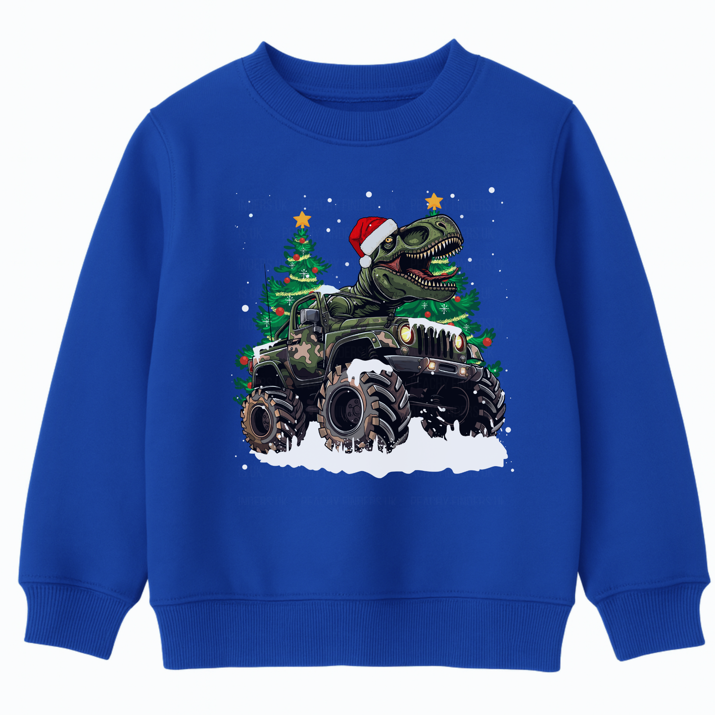 Kids royal blue Christmas sweatshirt featuring a T-Rex wearing a Santa hat driving a camo monster truck through snow, with decorated Christmas trees in the background.