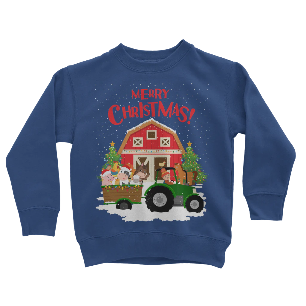 A kids royal blue sweatshirt with a Christmas themed farm and animal graphic, including a barn, trees, and festive decorations.