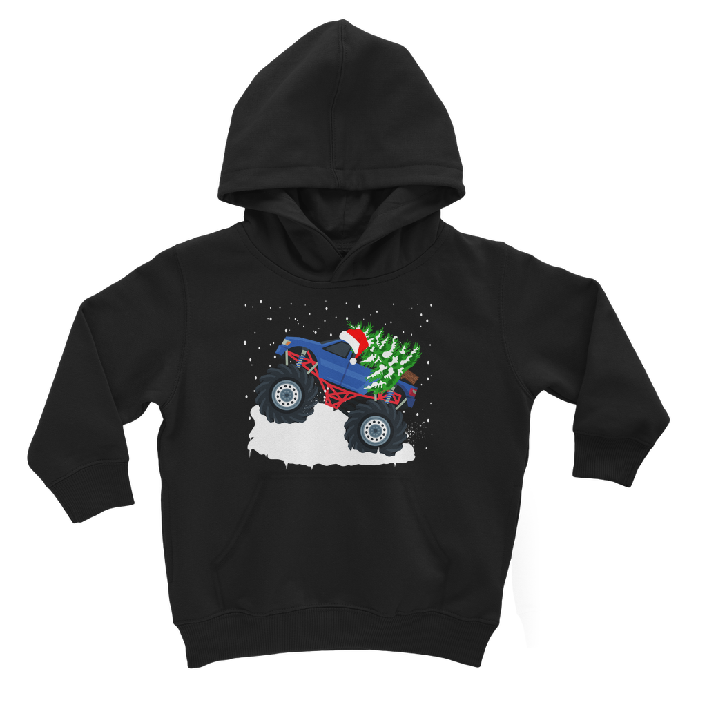 A kids blackhoodie with a Christmas-themed monster truck graphic in front.
