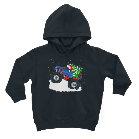 A kids navy hoodie with a Christmas-themed monster truck graphic in front.