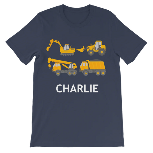 Boys navy personalised construction vehicles T-shirt with yellow diggers and trucks and the name Charlie printed underneath.