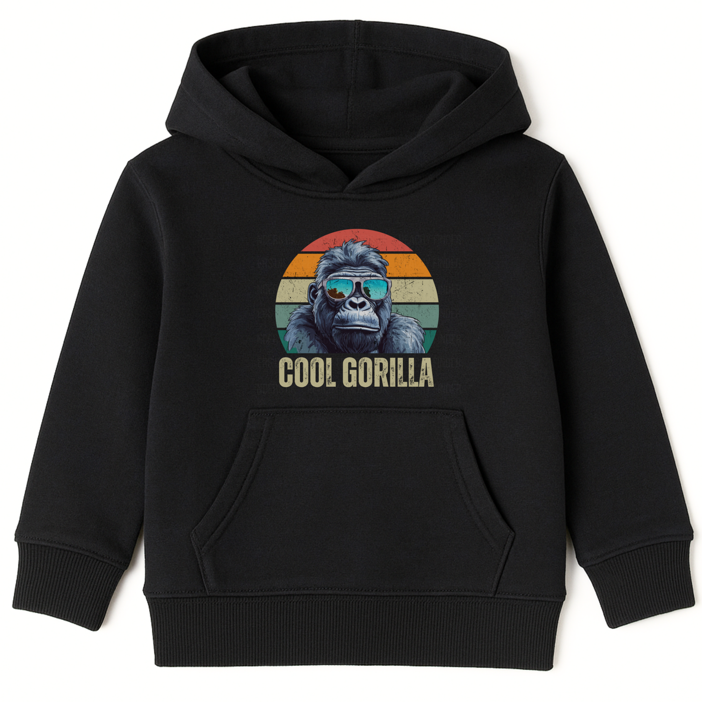 Kids black pullover hoodie featuring a circular graphic of a cool gorilla in blue reflective sunglasses against a retro sunset background, with 'COOL GORILLA' text below. The boy has his hands in the hoodie's front pocket."