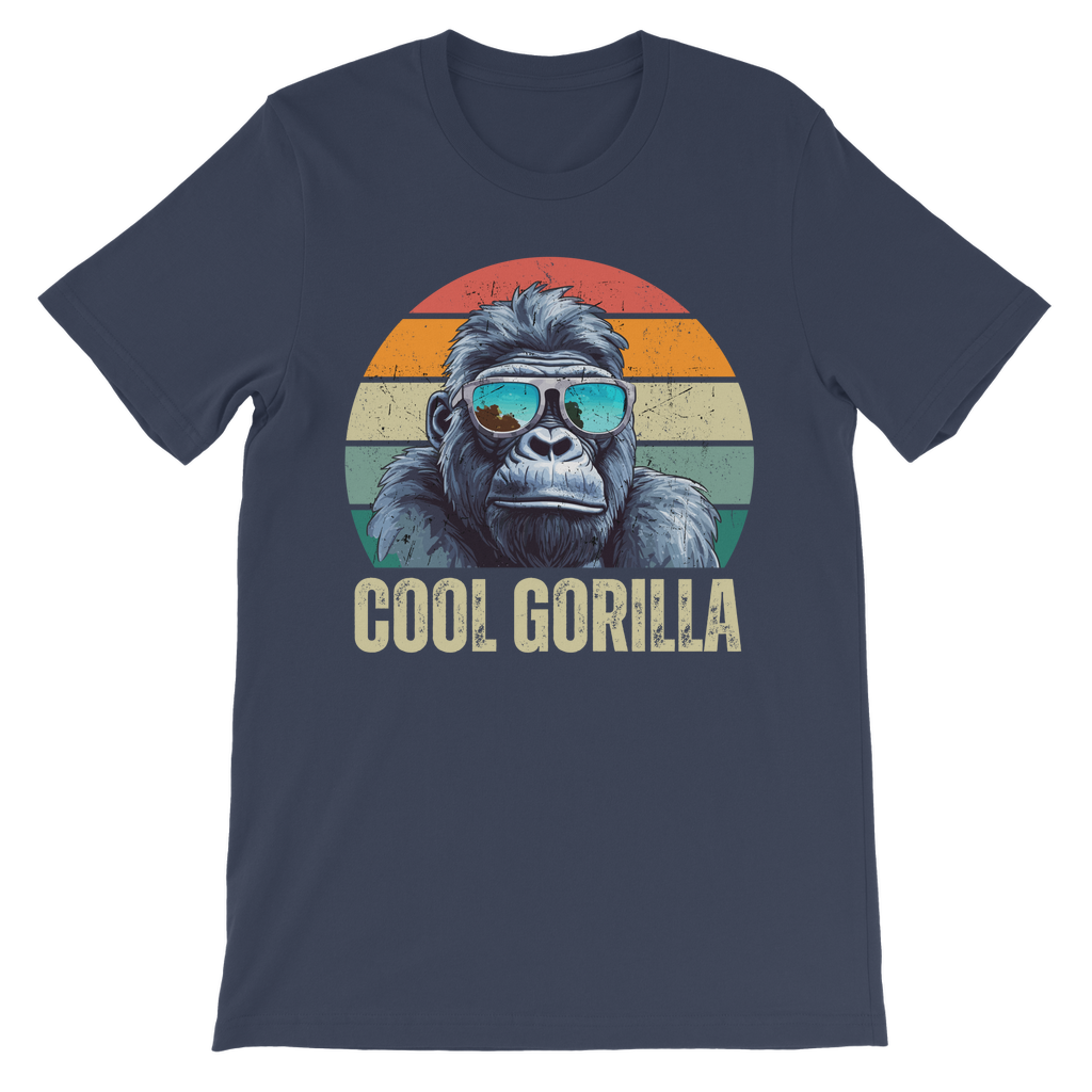 Kids navy t-shirt featuring a cool gorilla in blue reflective sunglasses against a retro sunset background. Below the gorilla, the text 'COOL GORILLA' is printed.