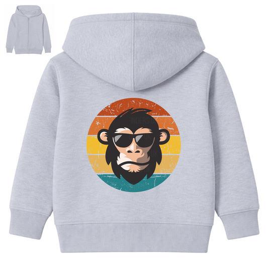 Kids grey zip hoodie featuring a retro primate graphic on the back
