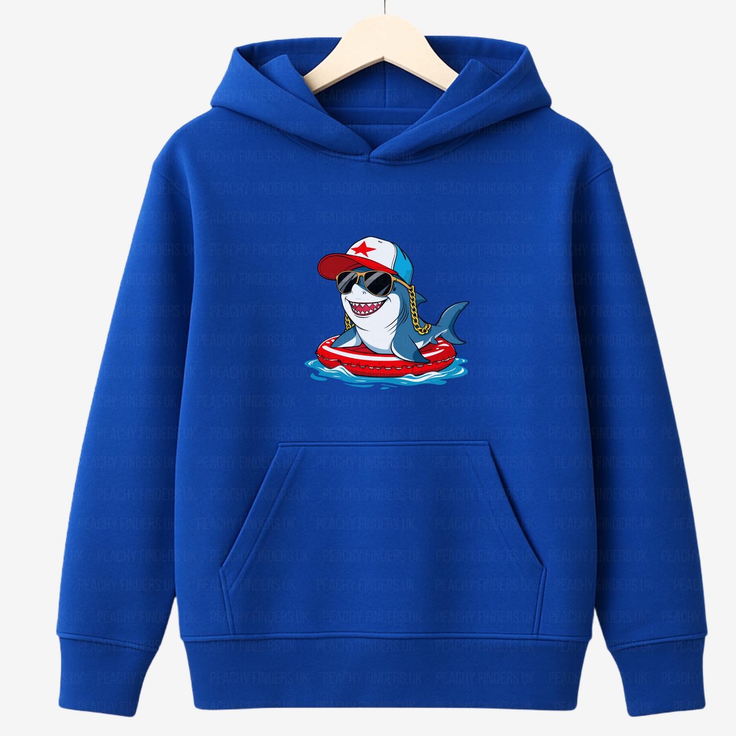 Blue hoodie with a shark graphic on a white background