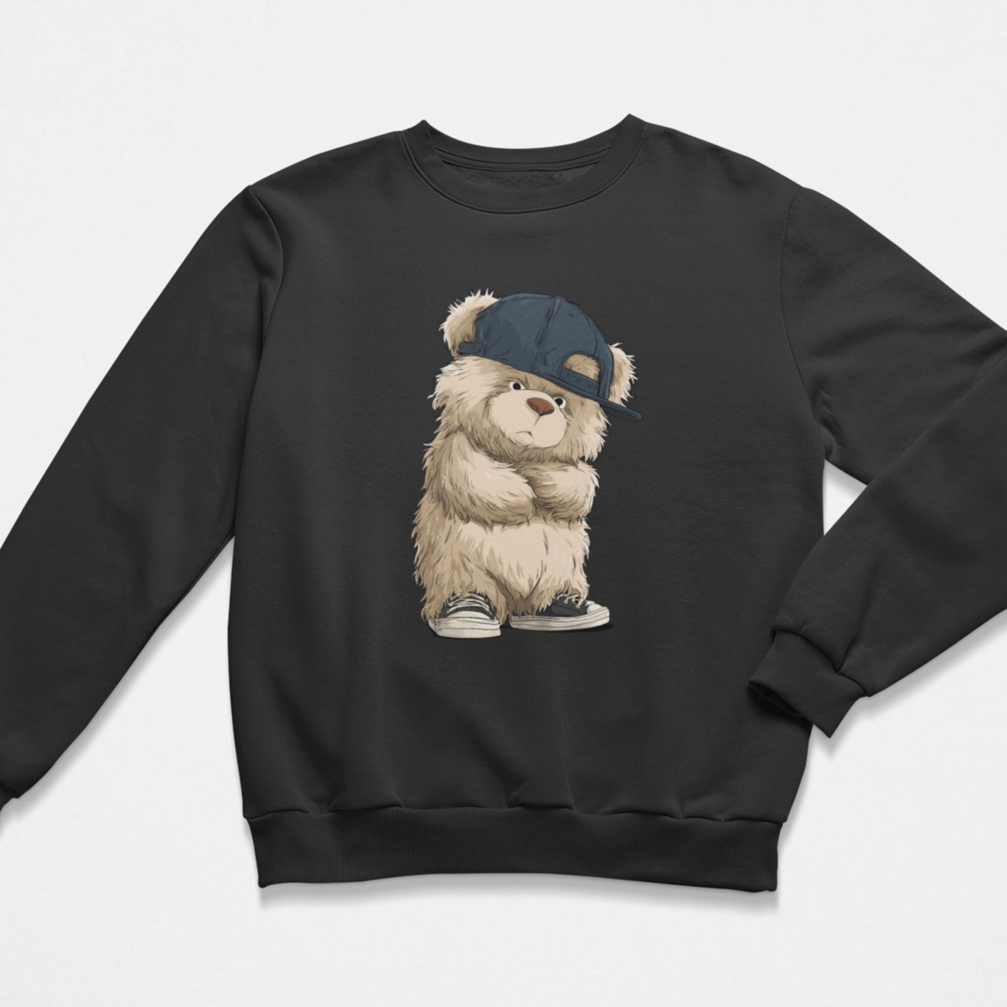 Kids black sweatshirt with a bear wearing a cap design on a white background