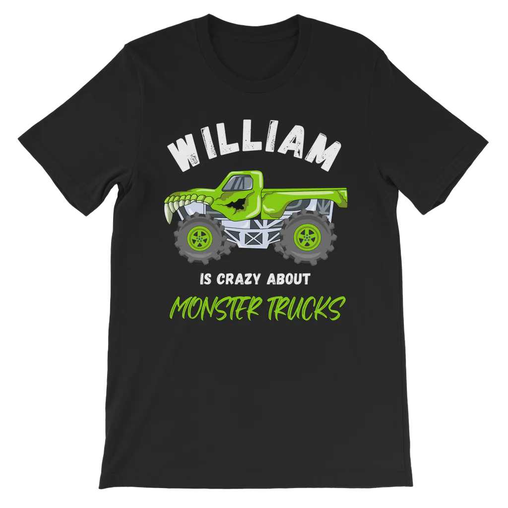 Kids black cotton t-shirt wit "Crazy about Monster Trucks" with green truck and custom name.