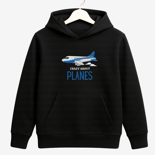 Kids black hoodie with “Crazy About Planes” text and blue and white airplane graphic on front, displayed on hanger.