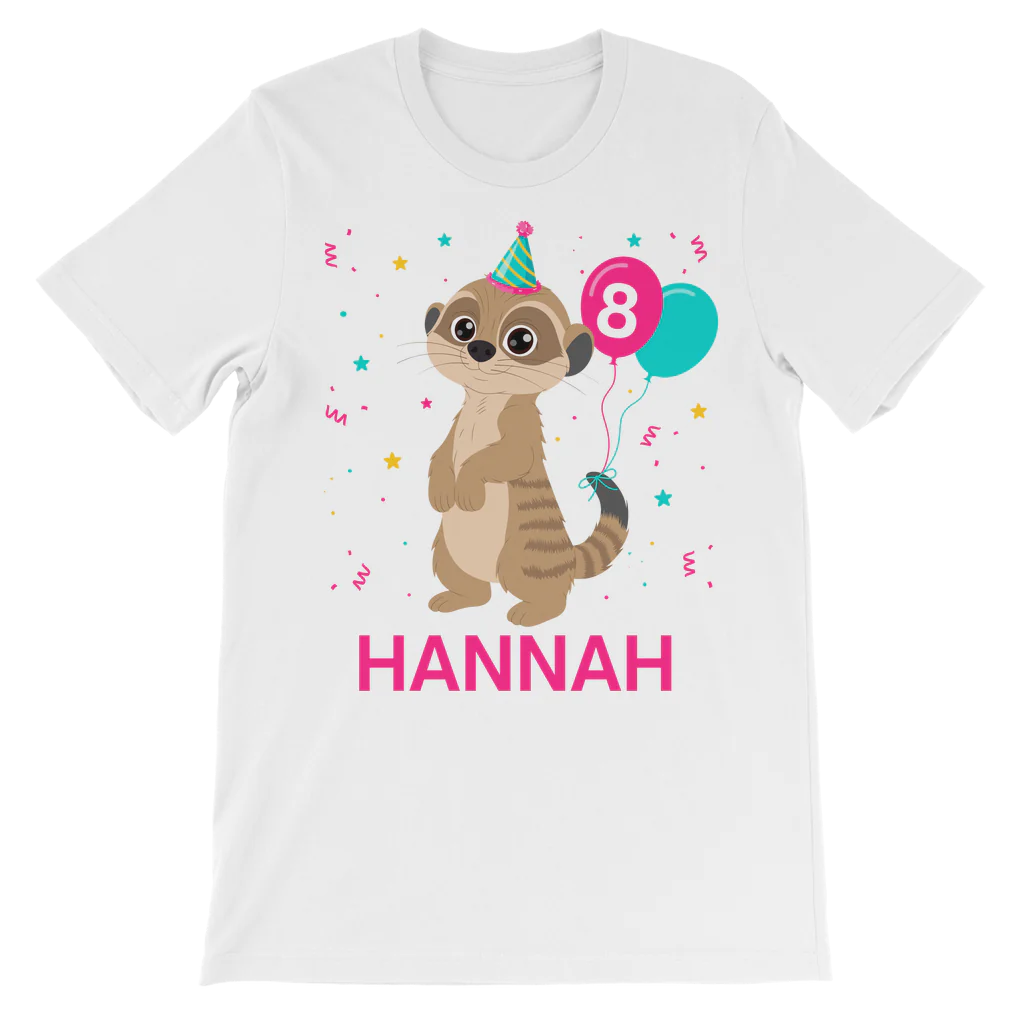 Children's personalised meerkat birthday themed t-shirt with name, balloons and confetti