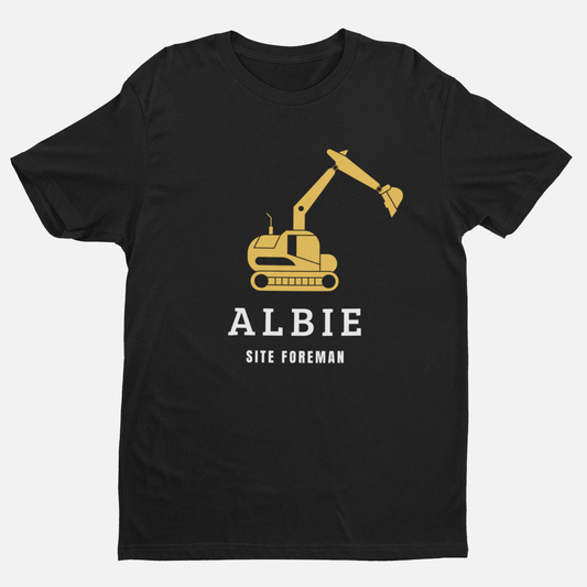 Children's black cotton t-shirt with a yellow digger graphic and personalised name with “Site Foreman” text.