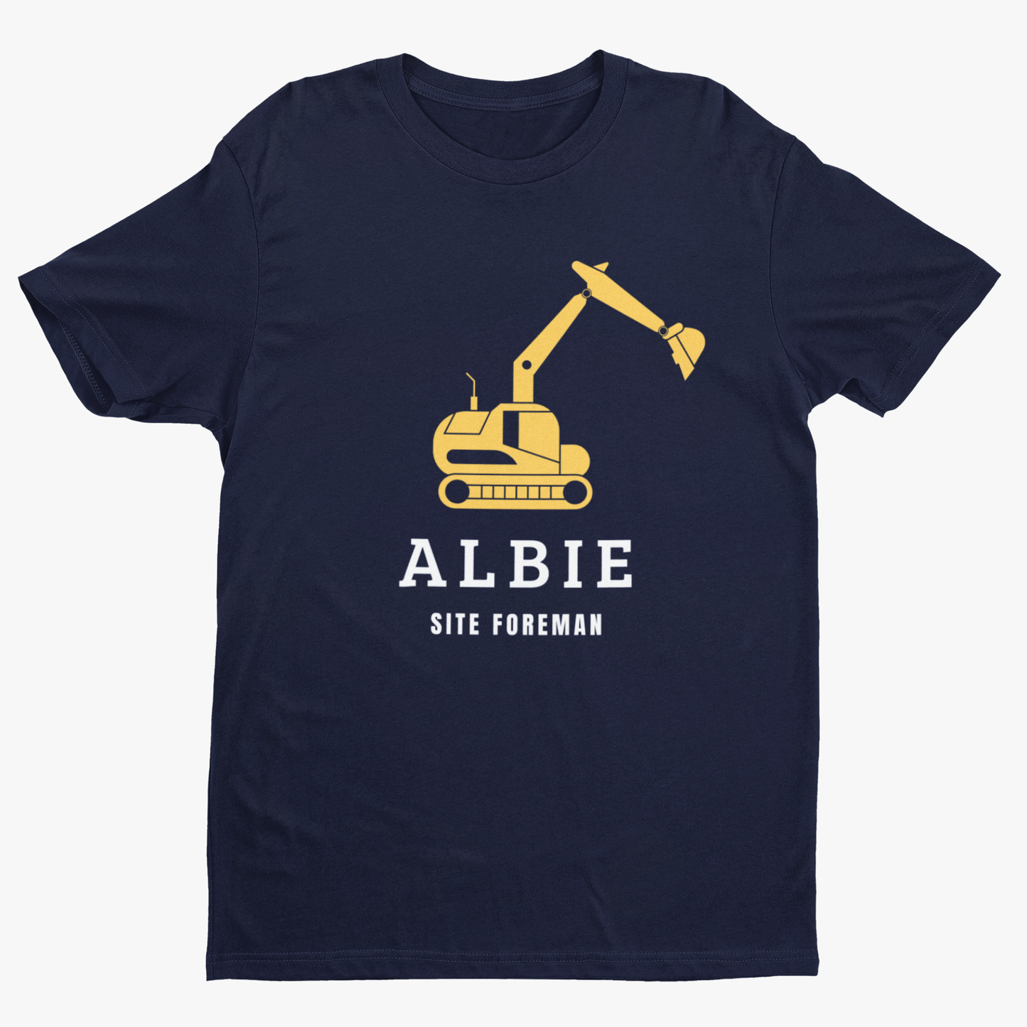 Kids navy t-shirt with a yellow digger graphic and personalised name with “Site Foreman” text.
