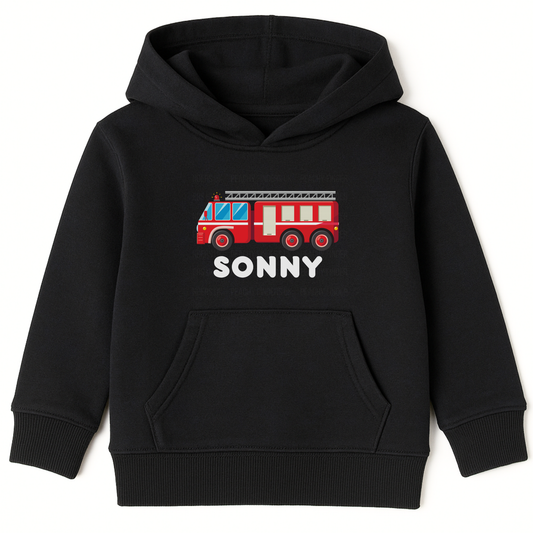 Kids pullover hoodie in black with red fire engine graphic and personalised name Sonny printed on the front.