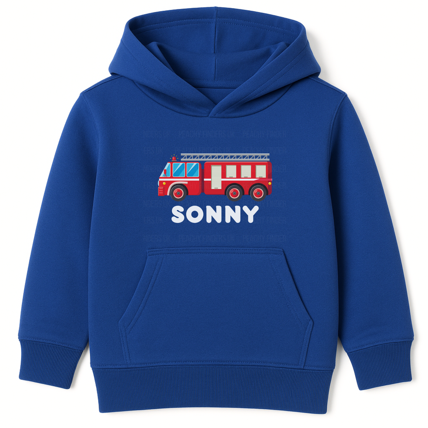 Royal blue kids hoodie with red fire engine graphic and personalised name Sonny printed on the front.