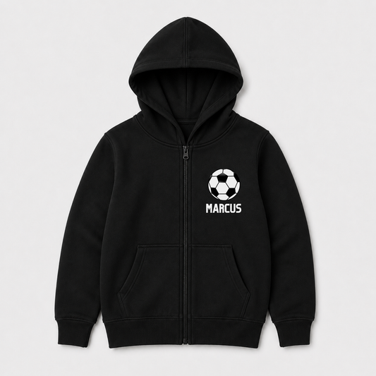 Black kids personalised football zip hoodie with custom name and football chest design, ideal for young football fans and everyday sportswear.