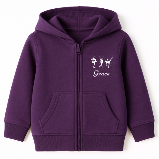 Girls purple zip-up hoodie featuring three white ice skater silhouettes with personalised name on the chest.