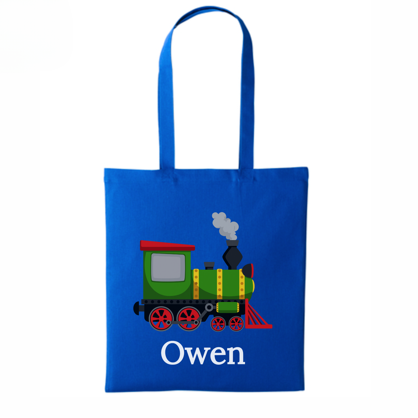 Royal blue kids tote bag with cute green steam train and personalised name 'Owen' printed on the front.