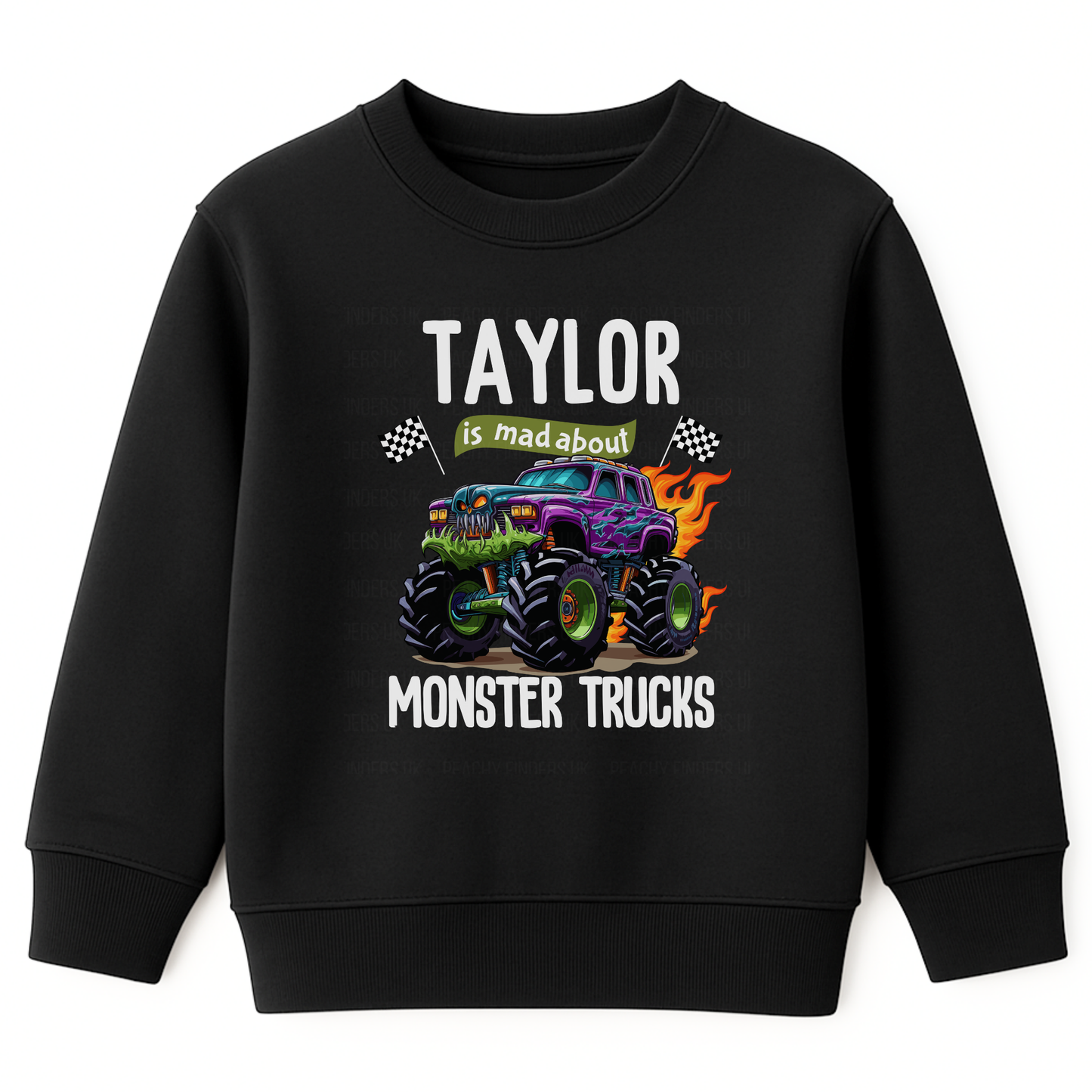 Personalised kids monster truck sweatshirt with custom name Taylor, black boys jumper gift for truck lover.