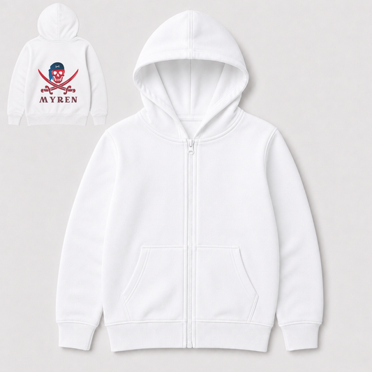 A white zip-up hoodie shown flat against a light gray background, with a small inset in the upper left showing the back graphic: a skull-and-crossbones design with a pirate face and the text 'MYREN'.