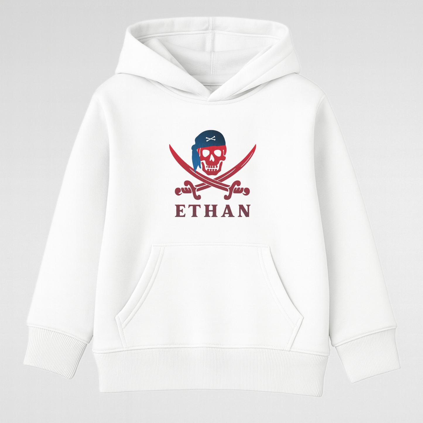 Kids white pullover hoodie with a skull and crossbones design and the name 'Ethan' on a grey background