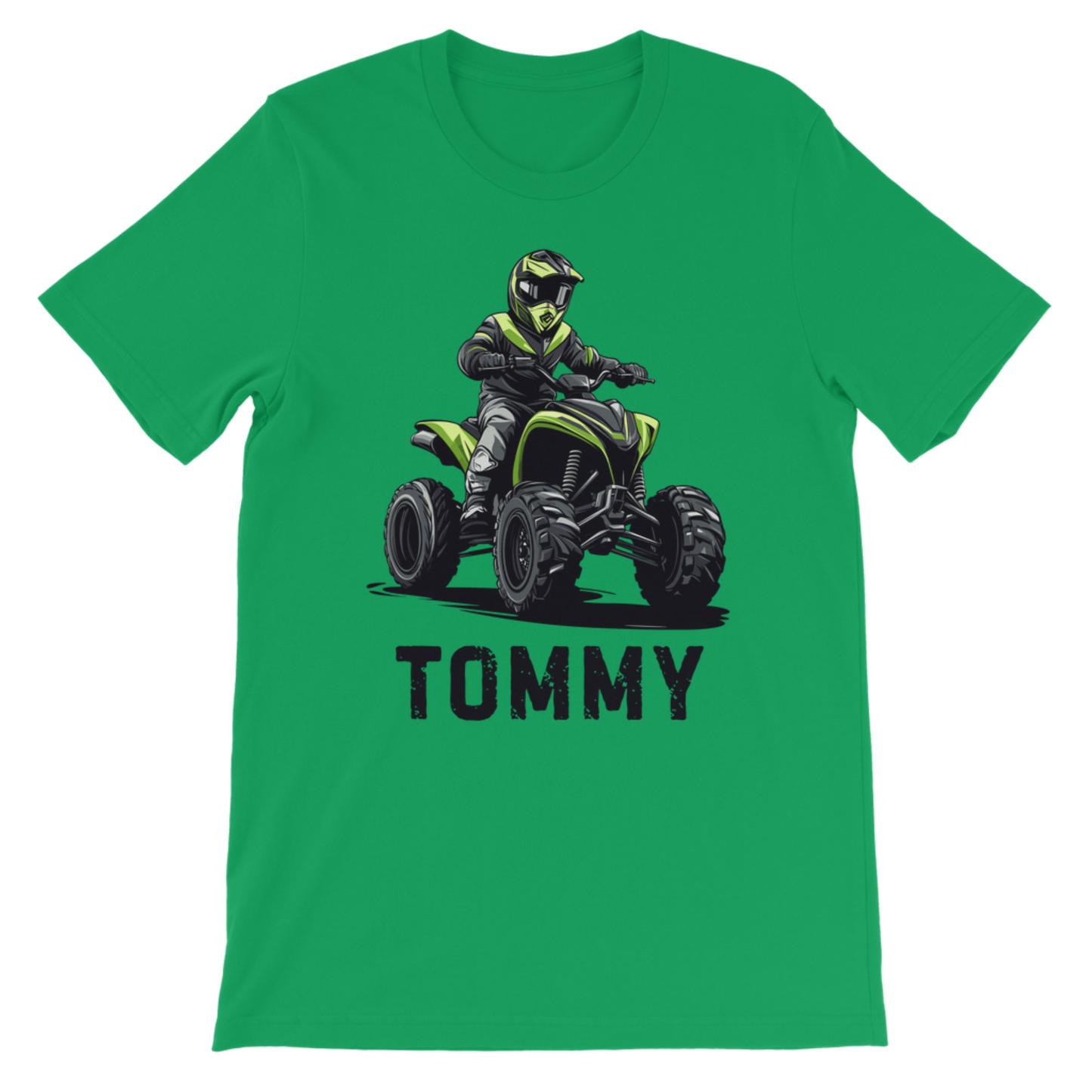 Kids kelly green t-shirt with a graphic of a person on an ATV and the name 'TOMMY' on a white background