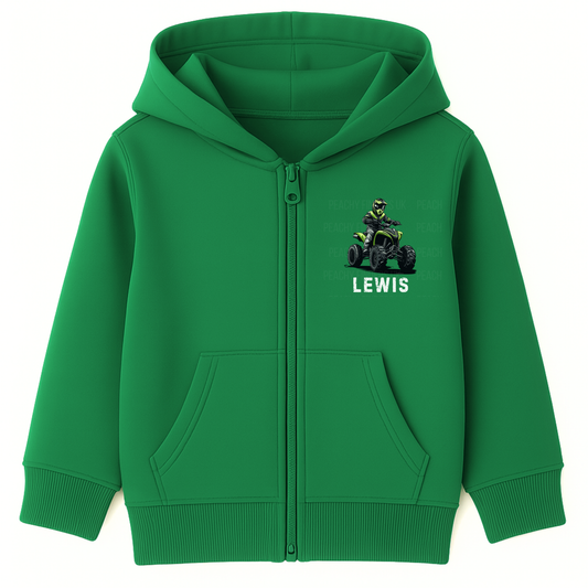 Kids personalised quad bike zip hoodie in kelly green with an ATV rider illustration and custom name printed on the front.