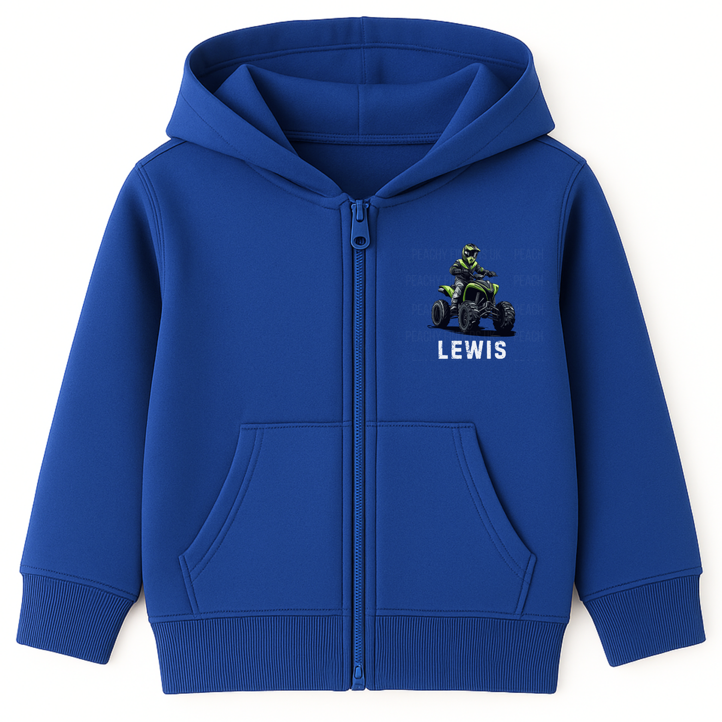 Kids personalised quad bike zip hoodie in royal blue with an ATV rider design and child’s name printed on the front.