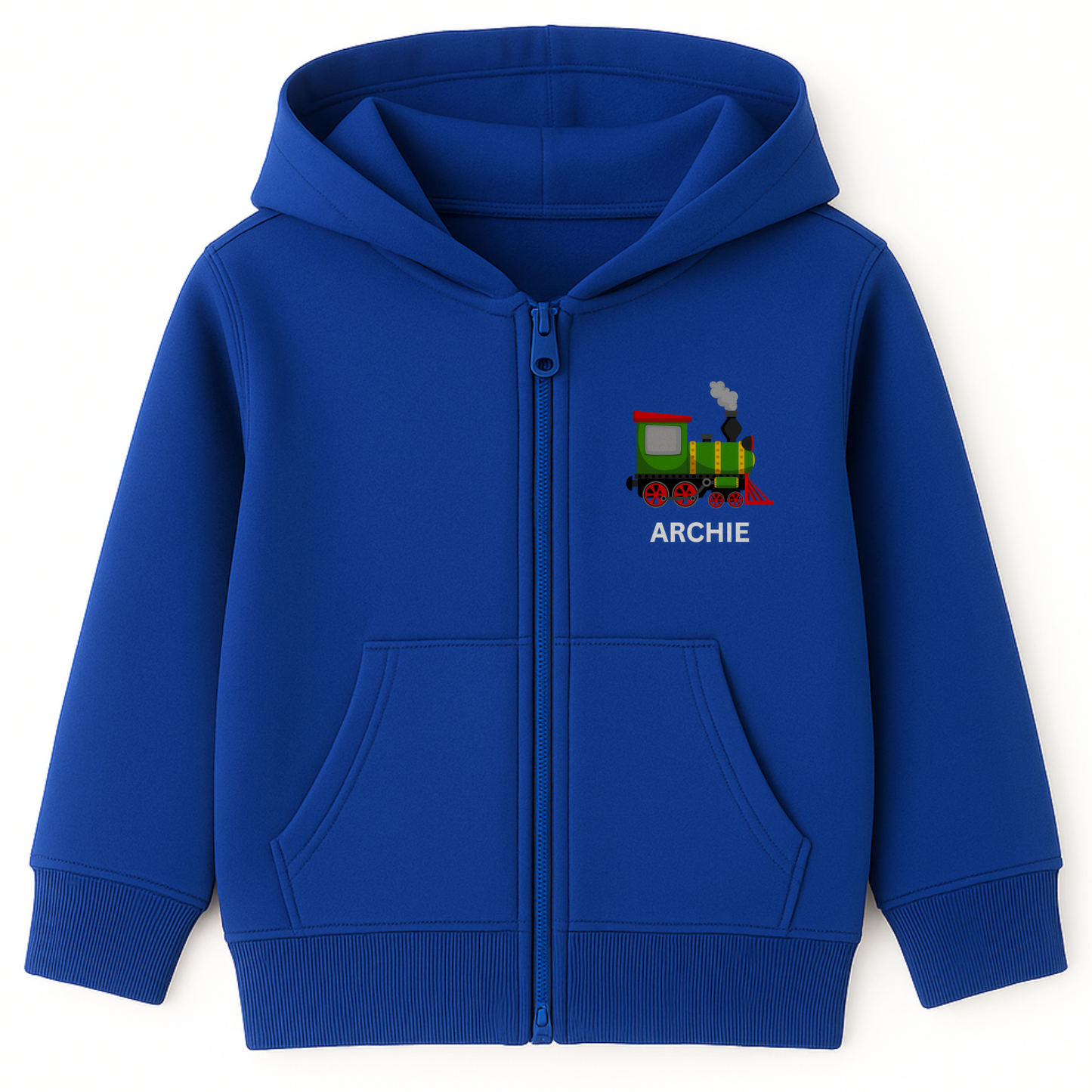 Kids royal blue zip-up hoodie featuring a colourful steam train design and the name “Archie” printed on the left chest.